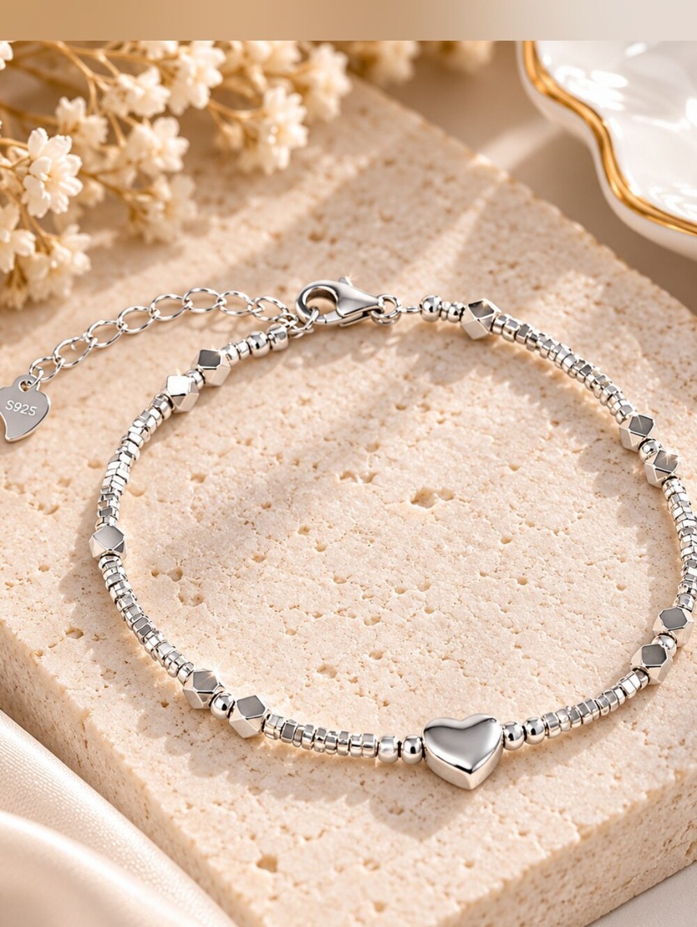 Silver Heart Bead Bracelet - Women's Jewelry